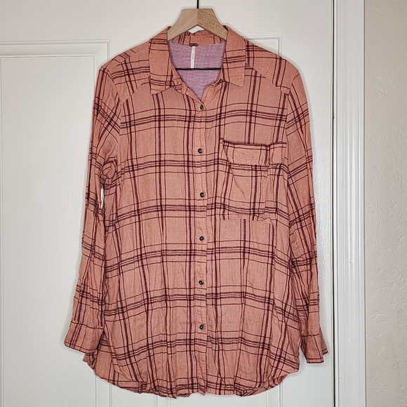 Free People Button Up Shirt | Peach Plaid |Linen | Medium - Picture 1 of 8